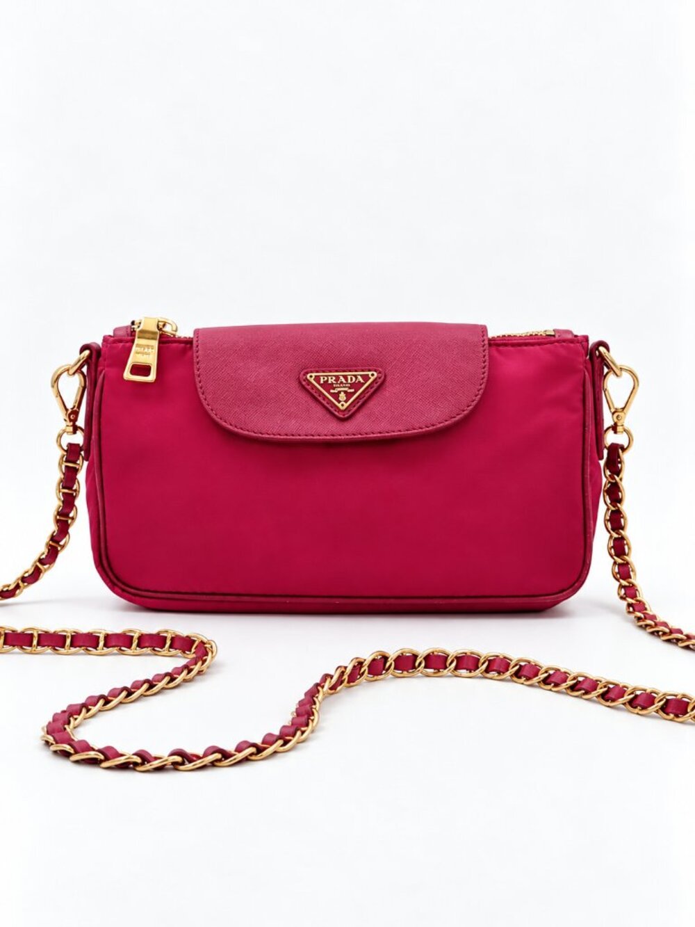 PRADA Tessuto Nylon Saffiano Leather Chain Crossbody Shoulder Bag Pink Italy